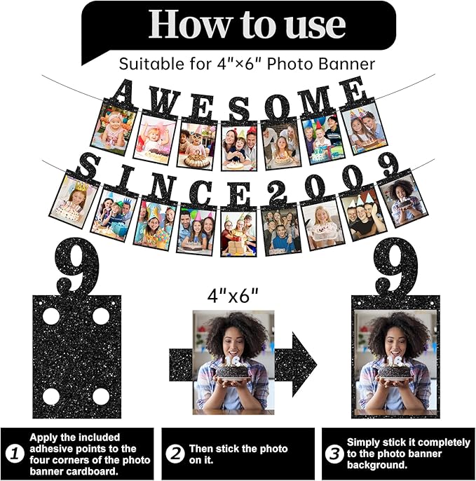 Pre-strung Awesome Since 2009 Photo Banner Birthday Decorations for Girls Boys- Black Glitter Sweet 16th Birthday and Anniversary Decorations Party Supplies