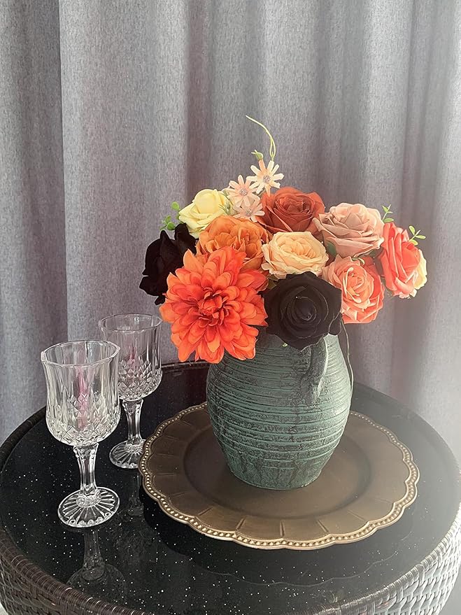Roses Artificial Flowers Fall Orange Black Bouquet Box Set for DIY Halloween Wreath Autumn Wedding Bridal Shower Decorations Party Table Centerpieces Fake Floral Arrangement Home Decor Indoor