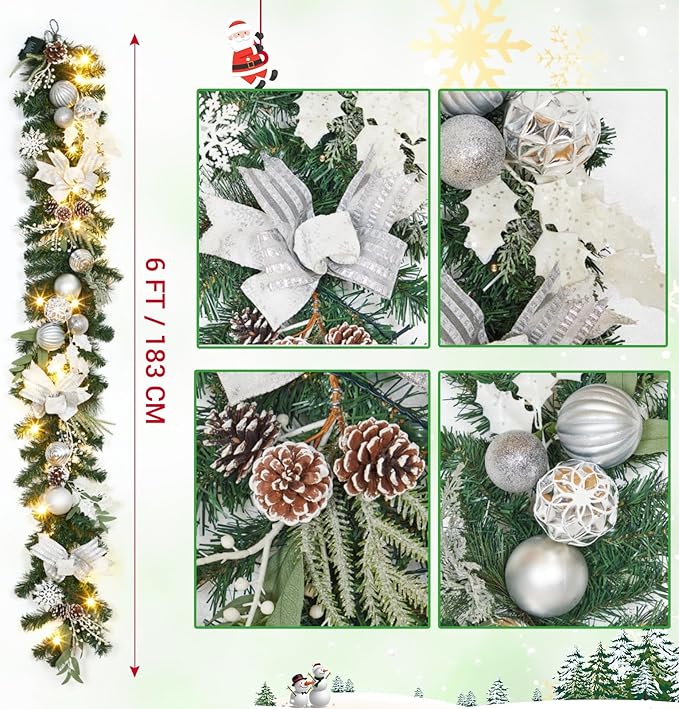 GarveeHome Christmas Garland with Lights, 6 ft Prelit Outdoor Christmas Garland with Silver White Christmas Balls Pine Cones for Mantle Front Door Table Centerpiece Indoor Home Holiday Decorations