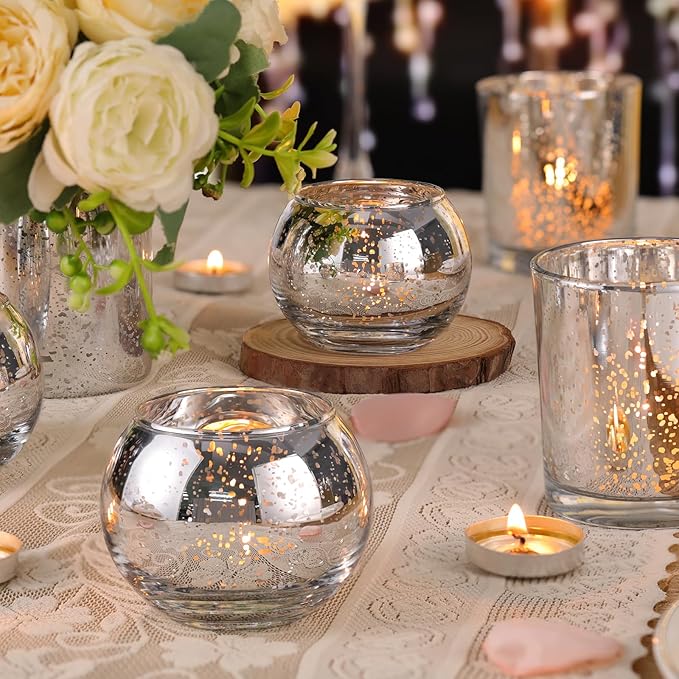 Volens 30pcs Assorted Silver Votive Candle Holders Bulk, Large Silver Wedding Centerpieces for Tables, Mercury Glass Votive & Tealight Candle Holders for Party Decorations and Home Decor