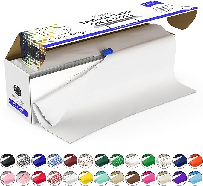 Grandipity Plastic Tablecloth Roll - 54in x 300 Ft. White Plastic Table Cloths for Parties Disposable with Cutter Box - Cut to Size Disposable Tablecloth Table Cover for Rectangle & Round