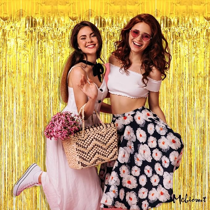 4 Pack Gold Fringe Curtain Backdrop, 3.2Ft x 9.8Ft Metallic Tinsel Foil Fringe Streamers Background for Photo Booth Birthday Wedding Baby Shower Carnival Easter Mother’s Day Party Decorations