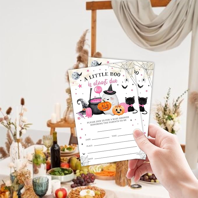 25 Halloween Baby Shower Invitation Cards, A Little Boo Is Almost Due, Adorable Halloween Elements Invites With Envelopes, Gender Reveal, Baby Announcement Party Favor & Supplies (Pink A08)