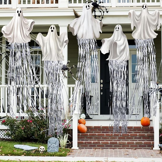 8 Pcs Halloween Ghosts Outdoor Hanging Decorations with Tassels Summer Halloween Decorations Yard Signs for Farmhouse Festival 3.3 ft Spooky Home Lawn Yard Party Supplies Garden Decor