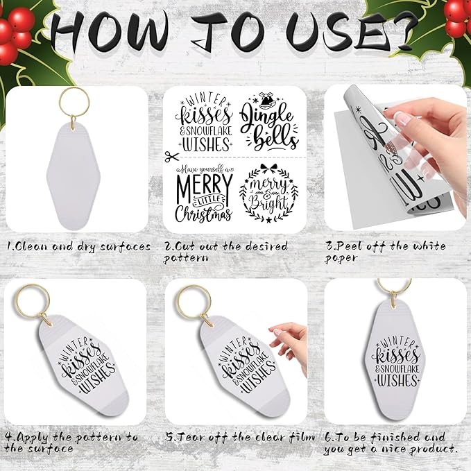 UV DTF Keychain Sticker,48 Sheets Christmas Quotes Waterproof Graphic Transfer Stickers, Perfect for Decorating Motel and Hotel Keychains