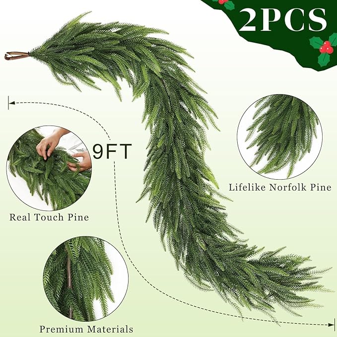 Christmas Norfolk Pine Garlands - 9ft Artificial Garland Faux Green Fake Pine Needles Garland for Fireplace,Table,Window,Stairs,Mante,Holiday Indoor Outdoor Xmas Decor(2PCS)