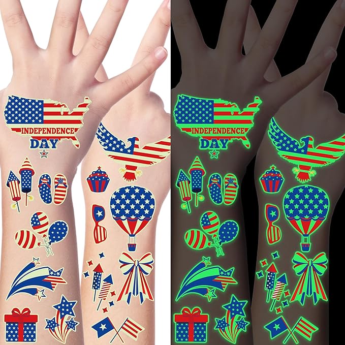 106 Packs 4th of July Decorations, 4th of July Glow in the Dark Tattoos, Multiple Styles Fourth of July Tattoos, Red White and Blue Decor Suitable for Patriotic Accessories Independence Day Supplies