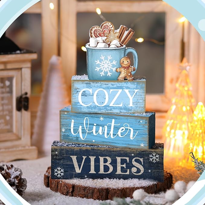 4 Pcs Christmas Table Decoration Wooden Hot Cocoa Decor Winter Tiered Tray Decor Christmas Centerpiece Rustic Decorative Hot Cocoa Block Sign Farmhouse Winter Decoration for Home Kitchen