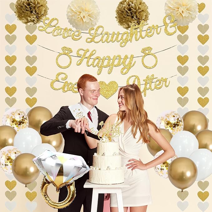 Vlipoeasn Champagne Gold Engagement Party Decorations, Just Engaged Supplies for Couple Includes 12" Gold & White Latex Balloons, Diamond Ring Foil Balloon, Cake Toppers, Paper Pompom