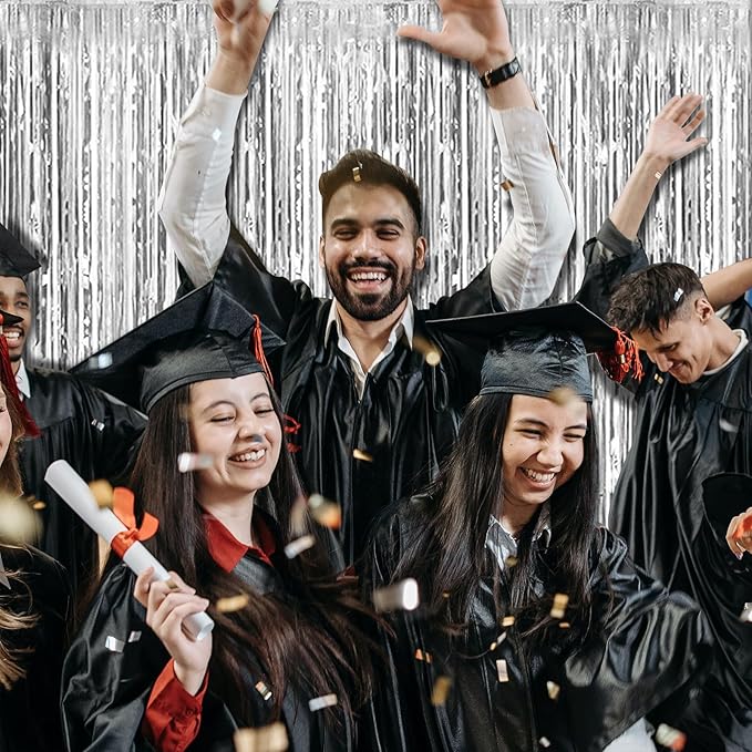 3 Pack Silver Foil Fringe Backdrop Curtains Party Streamers Metallic Tinsel Birthday Backdrop Christmas Bachelorette New Year Engagement Graduation Disco Party Decorations Glitter Backdrop