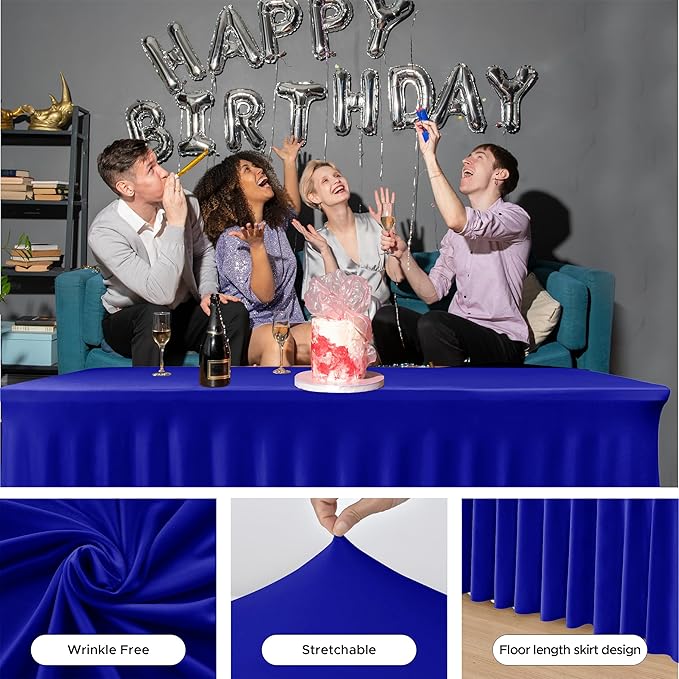 HolidayIdeas Royal Blue 8ft Rectangle Spandex Tablecloth 2 Pack Fitted Stretch Table Skirts 30x96 Inch, Ruffle Design Wrinkle-Free Polyester Table Cover for Banquets,Trade Shows, Parties, Events