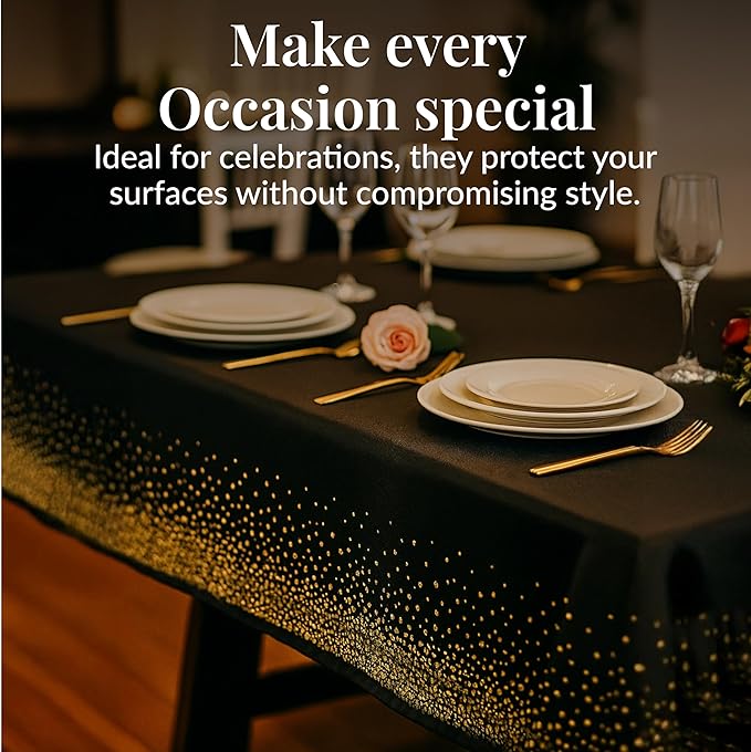 Prestee 12-Pack Black and Gold Dots Disposable Tablecloths – 108x54 Inch Waterproof Plastic Table Covers – Elegant, Heavy-Duty Party Tablecloths for Weddings, Birthdays, Holidays, and Events
