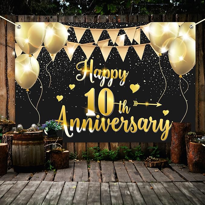 HAMIGAR 6x4ft Happy 10th Anniversary Banner Backdrop - 10 Wedding Anniversary Decorations Party Supplies - Black Gold