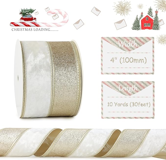 Ivory Velvet Wired Christmas Ribbon 4 Inch Extra Wide Thick Ivory and Gold Glitter Holiday Ribbon – 10-Yards Roll for Tree Decorations, Gift Wrapping, Wreaths, and DIY Crafts
