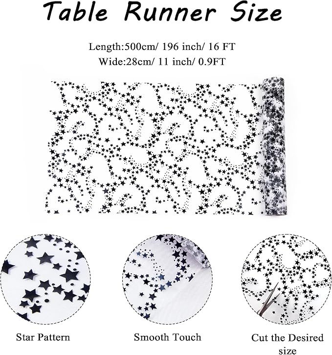YATOJUZI Black Tulle Table Runner,16 Ft Star Sheer Chiffon Table Runner,Sequin Glitter Metallic Foil Black Table Decorations Centerpiece for Birthday Halloween Party