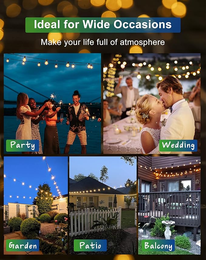 Solar String Lights Outdoor Waterproof 50FT with USB Port and 27 Shatterproof G40 Bulbs(2 Spare), LED Solar Powered Patio Lights for Outside, Porch, Backyard, Bistro, Garden, Market - 2200K