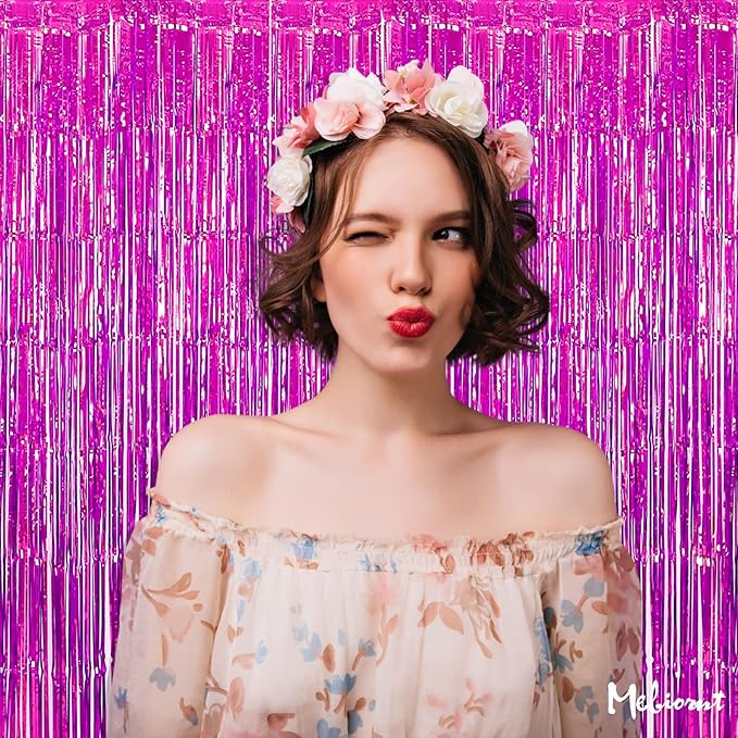 4 Pack Fuchsia Fringe Curtain Backdrop, 3.2Ft x 9.8Ft Metallic Tinsel Foil Fringe Streamers Background for Photo Booth Birthday Wedding Baby Shower Carnival Easter Mother’s Day Party Decorations