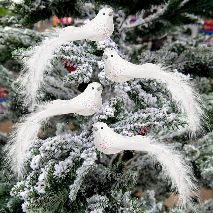 Cosweet 12 Pcs Artificial Christmas Dove Birds with Clip, White Feather Xmas Tree Ornament Wreath Flower Arrangement Supplies for Party Wedding Decor DIY Craft Gifts