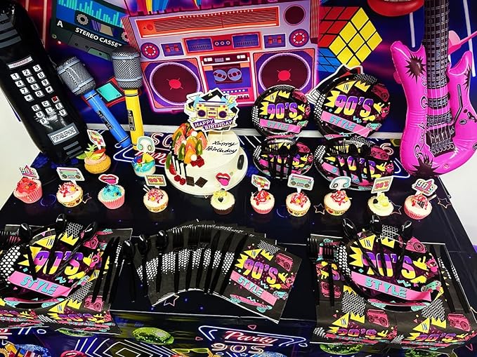 90s Party Decorations 80's 90's Theme Party Bundle includes Inflatable Gitar&Mobile Phone, Back To The 90's Banner, Tablecloth, Cake Toppers, Plates, Napkins, Hip-Hop Backdrop