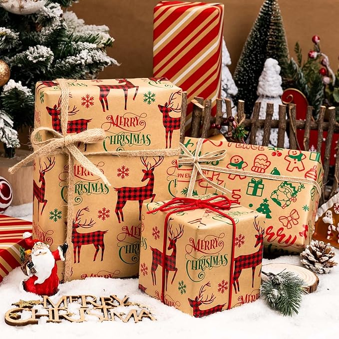 MAYPLUSS Christmas Wrapping Paper Jumbo Rolls - 30IN X 120IN - 4 Roll - Kraft Merry Christmas Reindeer Gnome Stripe for New Year Holiday Party Kids