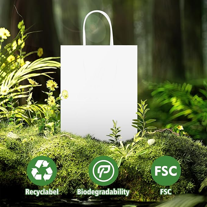 REMTAP Kraft Paper Bags with Handles - Bulk Gift Bags for Wedding, Party, Retail Packaging - White, 100pcs, 5.2 * 3.7 * 8.2