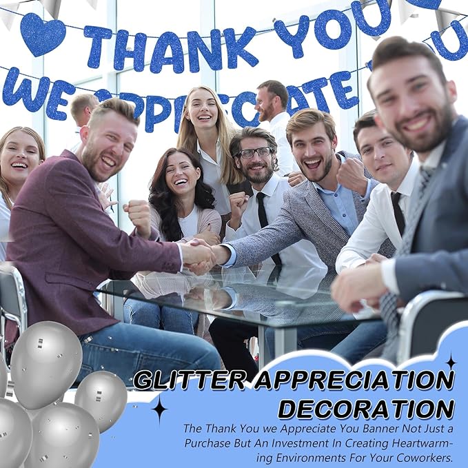 Fulmoon Pre Strung Thank You We Appreciate You Glitter Banner Funny Appreciation Banner for Employee Coworker Staff Teacher Thank Sign Party Decorations(Navy Blue)
