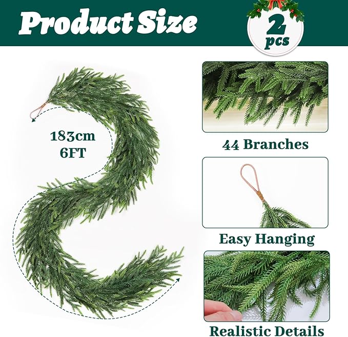 12FT（2 * 6FT） Christmas Norfolk Pine Garland, Real Touch Faux Green Garlands, Winter Artificial Greenery Garland for Mantle, Stairs, Table, Fireplace, Indoor & Outdoor Xmas Decorations