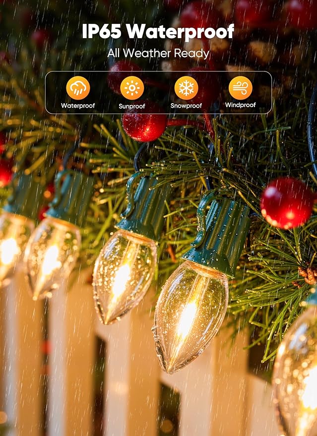 Vintage C9 LED Christmas Lights Outdoor, 200 Ft C9 String Lights with 200 Shatterproof Warm White Bulbs, Waterproof Connectable Christmas Tree Lights for Roofline Holiday Garden Party Xmas Decorations