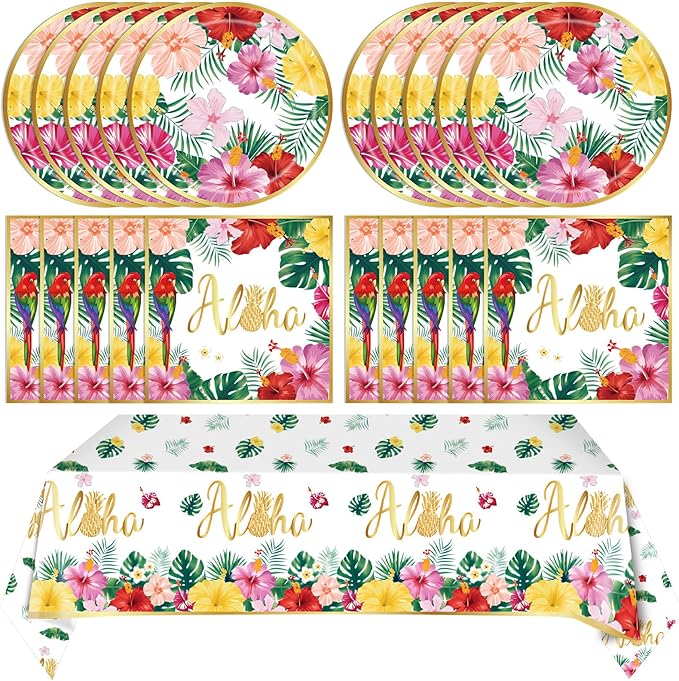 Aloha Hawaiian Party Decorations,Tropical Luau Party Supplies Kit for 20 Guests with Paper Plates,Napkins,Tropical Palm Leaves Disposable Tablecloth | BBQs & Summer Beach Kids Birthday Cocktail Party