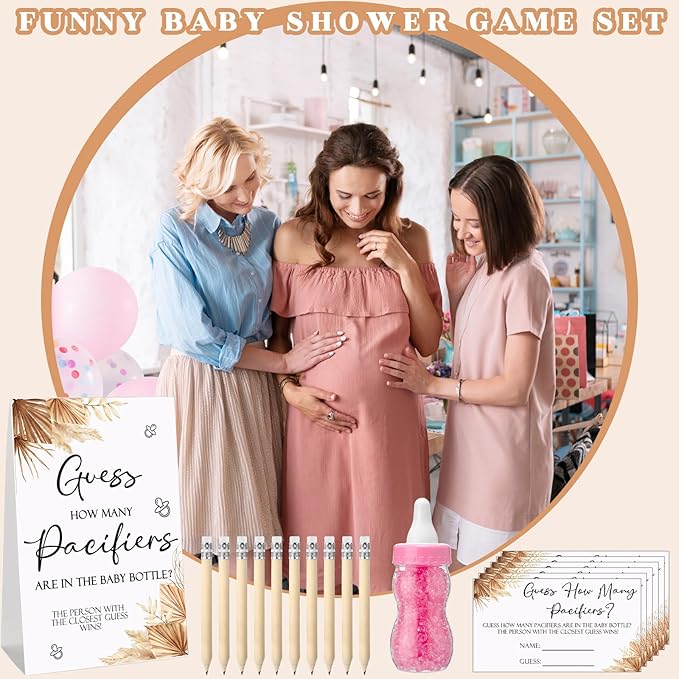 Roowest 512 Pcs Baby Shower Games Guess How Many Pacifiers Sign 100 Small Guessing Games 10 HB Pencils 750ml Milk Bottle 400 Acrylic Pacifiers Decoration for Guest Gender Reveal(Pink,Boho)