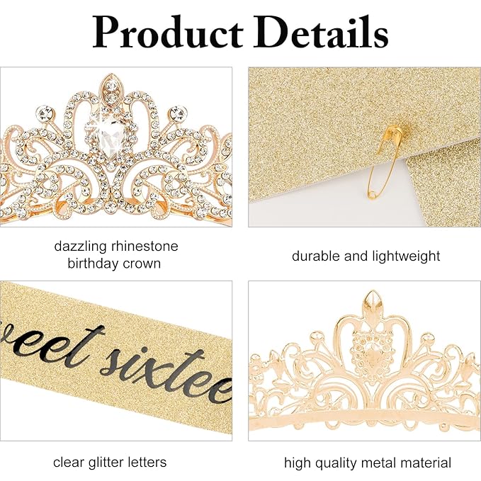 Sweet 16 Birthday Crown and Sash for Girls, Sweet 16th Sashes and Birthday Tiara Set, Sweet 16th Party Decorations Birthday Accessories for Women, Sweet 16 Gifts for Girls