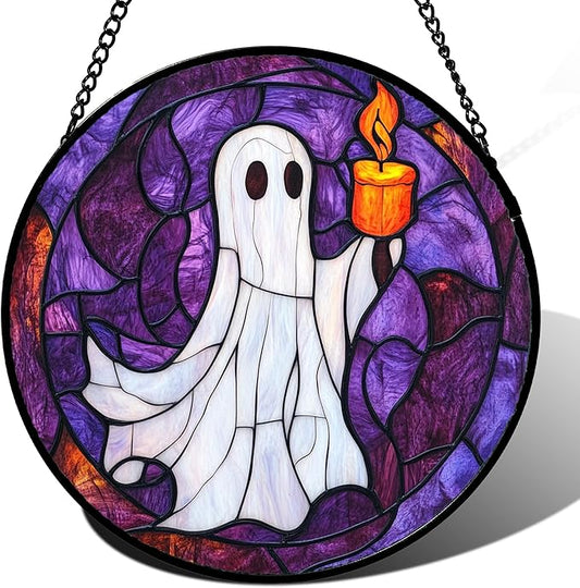 Stained Glass Window Hanging - Halloween Decorations Ghost Suncatcher for Doors Garden Indoor Spooky Funny Purple Sun Catchers Gothic Decor Horror Gifts for Women Men Friend 15 in