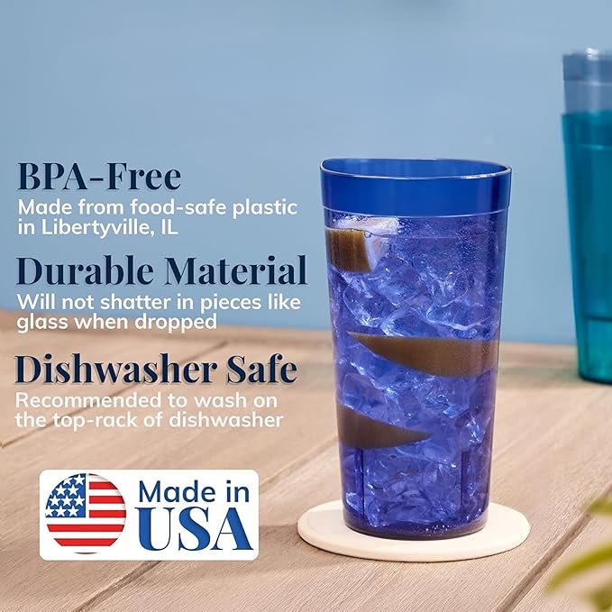 Party Outlaw Lt Blue Plastic Cup Tumblers 6 Pc 24oz Lightweight, Heavy Duty Stackable Cafe Style Plastic Glasses. Reusable & Dishwasher Safe Ice Tea & Water Cups