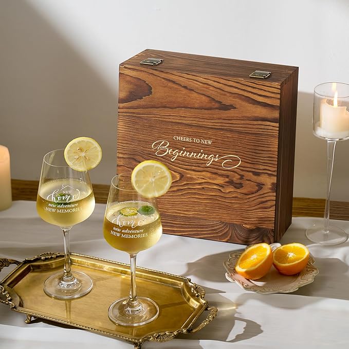 AW BRIDAL House Warming Gifts New Home Wine Glasses Sets, 2025 Closing Gifts for Home Buyers and Homeowner, New Apartment Gift Basket for Couple, First House Gift with Wooden Keepsake Box