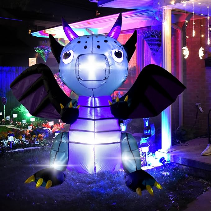 4FT Halloween Pterosaur Blow up Dinosaur Halloween Inflatable Black Purple Dragon Halloween Dragon Inflatable Decoration with LED Lights Outdoor Indoor Holiday Graden Yard Decor