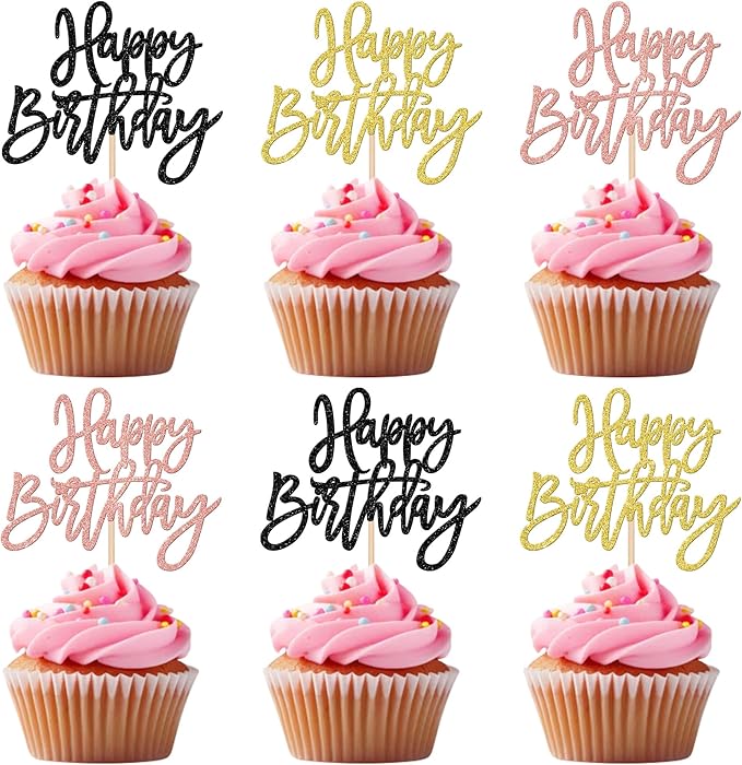 24 PCS Happy Birthday Cupcake Toppers Glitter Happy Birthday Cupcake Picks for Celebrating Anniversary Theme Party Cake Decorations Supplies Gold Black Rose Gold