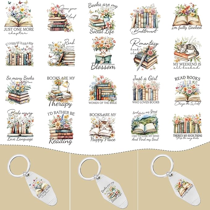 Vintage UV DTF Wrap Stickers - 80 Sheets Reading Books UVDTF Decals for Motel Keychain, Flower Rub on Transfer Stickers, DIY Hotel Keychain Blank Personalized Crafts Gift