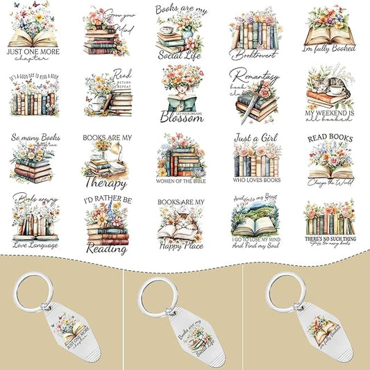 Vintage UV DTF Wrap Stickers - 80 Sheets Reading Books UVDTF Decals for Motel Keychain, Flower Rub on Transfer Stickers, DIY Hotel Keychain Blank Personalized Crafts Gift