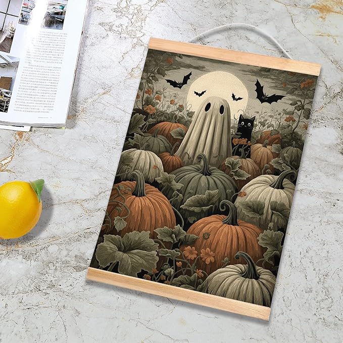 Halloween Ghost and Black Cat Pumpkin Field Wall Art, 18.5x14 Inch Gothic Halloween Linen Canvas Print, Vintage Spooky Fall Decor, Retro Witch Gothic Wall Hanging Poster for Living Room Kitchen (BLK11)