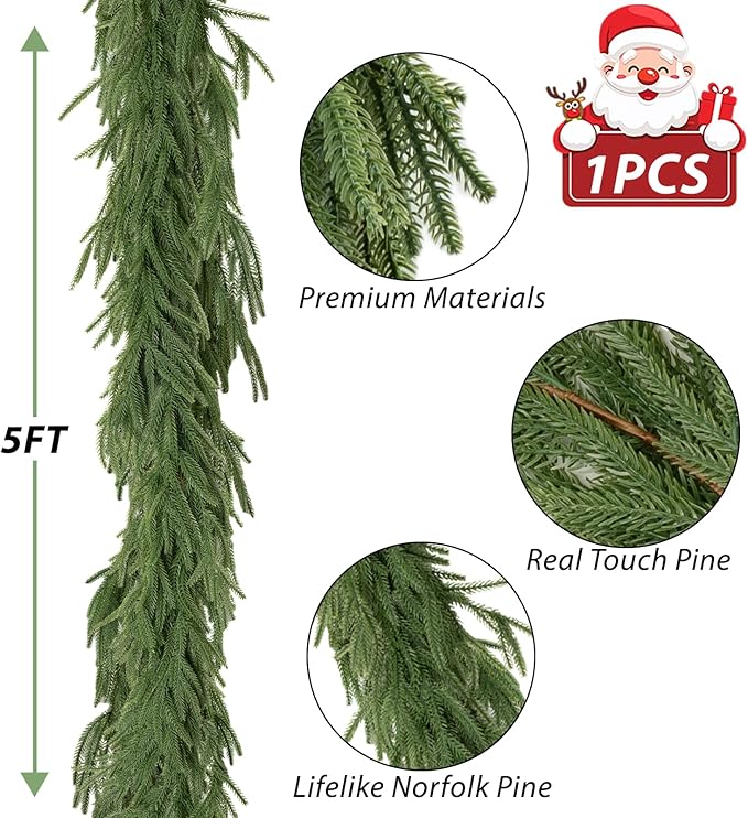 5FT Christmas Garlands Norfolk Pine Garland, Artificial Greenery Garland for Mantle, Table, Stairs, Indoor Outdoor Christmas Decoration