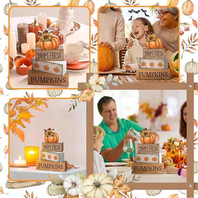 4 Pcs Thanksgiving Pumpkin Decor Fall Table Decoration Fall Tiered Tray Decor Thanksgiving Centerpiece Rustic Decorative Pumpkin Block Signs Farmhouse Harvest Decoration for Home Kitchen