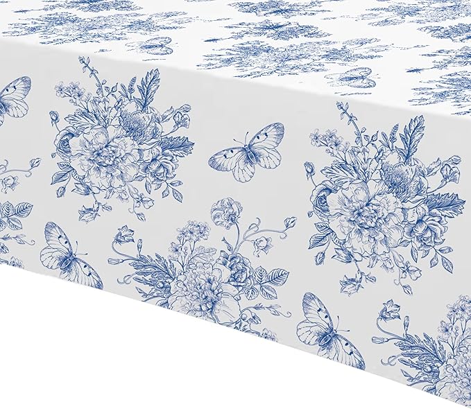 Blue and White Floral Party Tablecloth Decorations, 3pcs Disposable Elegant Dusty Blue Flower Party Supplies Table Cover, for Birthday Baby Bridal Shower Wedding Chinoiserie Decor, 86in x 55in