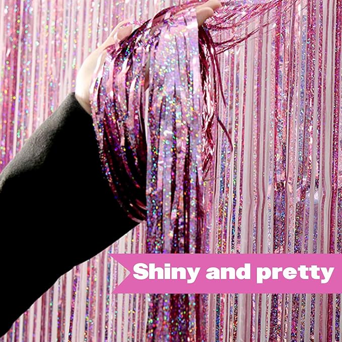 6 Pack Pink Foil Fringe Curtains Backdrop, 3.28 x 8.2 Ft Metallic Streamers Tinsel Curtains Background for Photo Booth, Birthday, Christmas, Halloween, Thanksgiving, New Year Party Decorations