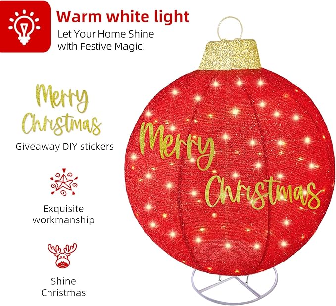HOYECHI 2pc Lighted Pop-Up Outdoor Christmas Ornament Set – Holiday Ball Decorations with 200 LED Lights, 8 Lighting Modes, for Yard & Outdoor Christmas Decor - Red/Green