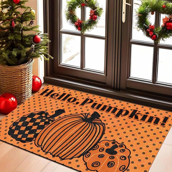 Fall Welcome Maple Leafs Decorative Door Mat, Autumn Thanksgiving Doormat for Indoor Outdoor Entrance Floor Mats,Fall Pumpkins Non Slip Harvest Vintage Decor Rubber Welcome Mats 30" x 18" Inch