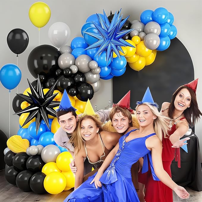 Blue Yellow Black Balloon Arch Kit,Royal Blue Grey Balloon Garland with Star Foil Balloons for Boys Birthday Graduation Decorations