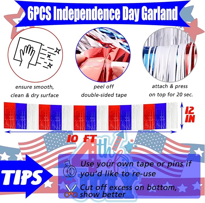 6 Pack 6 Feet Foil Fringe Garland Metallic Tassle Banner Wall Hanging Tinsel Streamers Backdrop for Parade Floats, Bachelorette, Wedding, Birthday, Independence Day Party Decorations(Red Blue White)