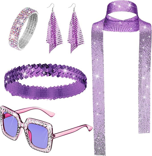 Sasylvia 5 Pcs 70s Disco Accessories Halloween Women Costume Jewelry Sequin Scarf Earrings Sunglasses Bracelet Headband
