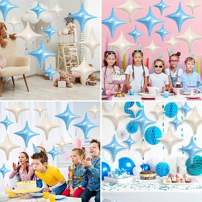 Blue White Star Balloons,12Pcs Four Angle Star Foil Balloons,26Inch and 10Inch Blue Cream White Quadrangle Helium Balloon for Birthday Baby Shower Anniversary Party Decorations
