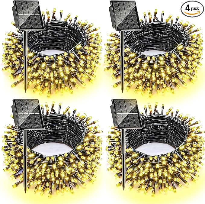 Solar Christmas Lights Outdoor, 4 Pack Solar String Lights Outdoor Waterproof, 100 LED, 8 Modes Christmas String Lights for Outside Christmas Decorations Patio Yard Tree Garden(Warm White)